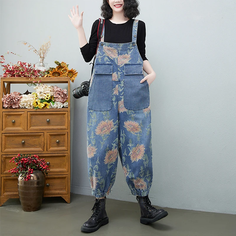 Celana Jeans Wanita Ukuran Besar Pinggang Tinggi dengan Celana Harlan Motif Besar, Celana Denim Nine Points Waed Bermotif Artistik untuk Aktivitas Sehari-hari