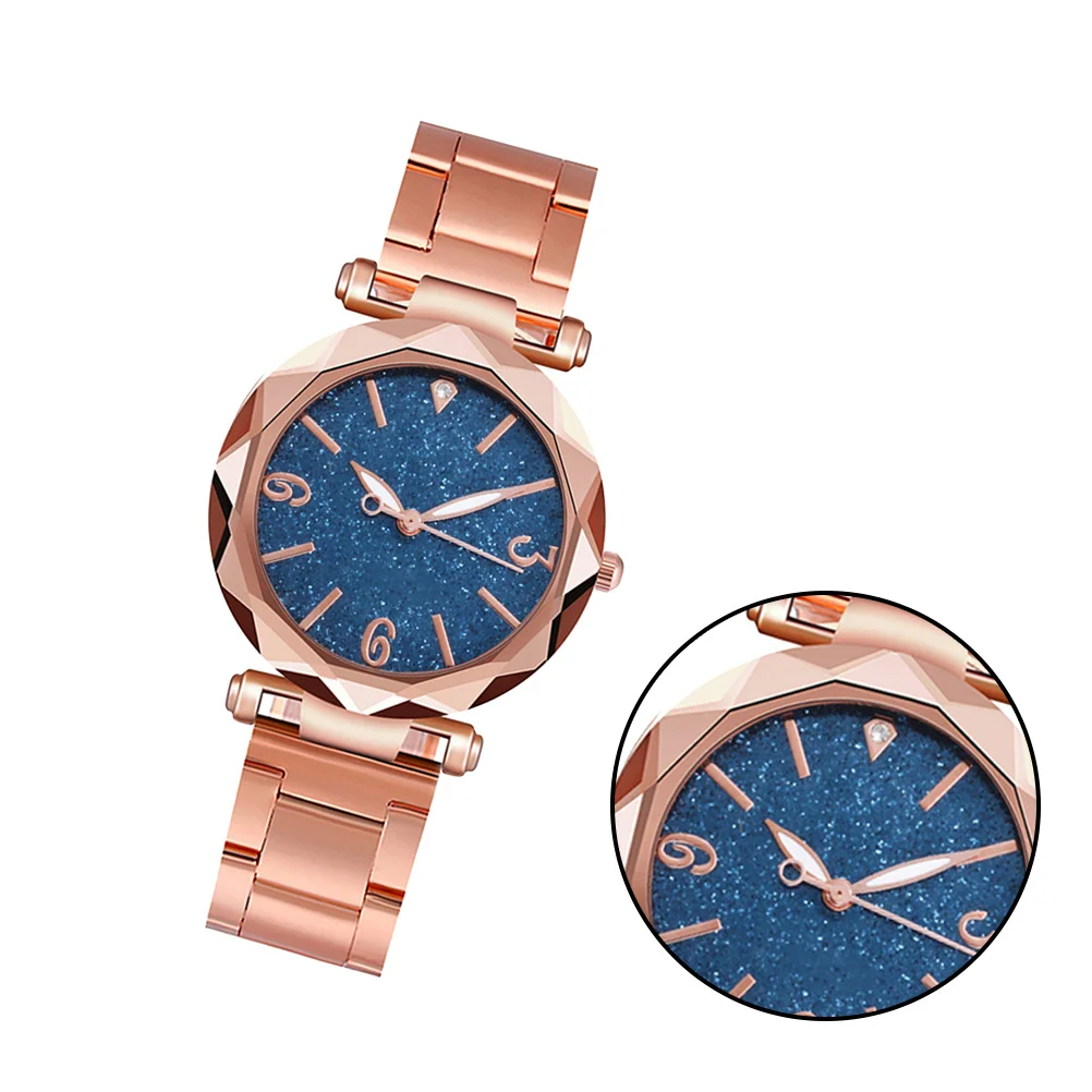 ステンレススチールクォーツ腕時計ブルーエレガントファッション腕時計キラキラ光る静音正確な女性用