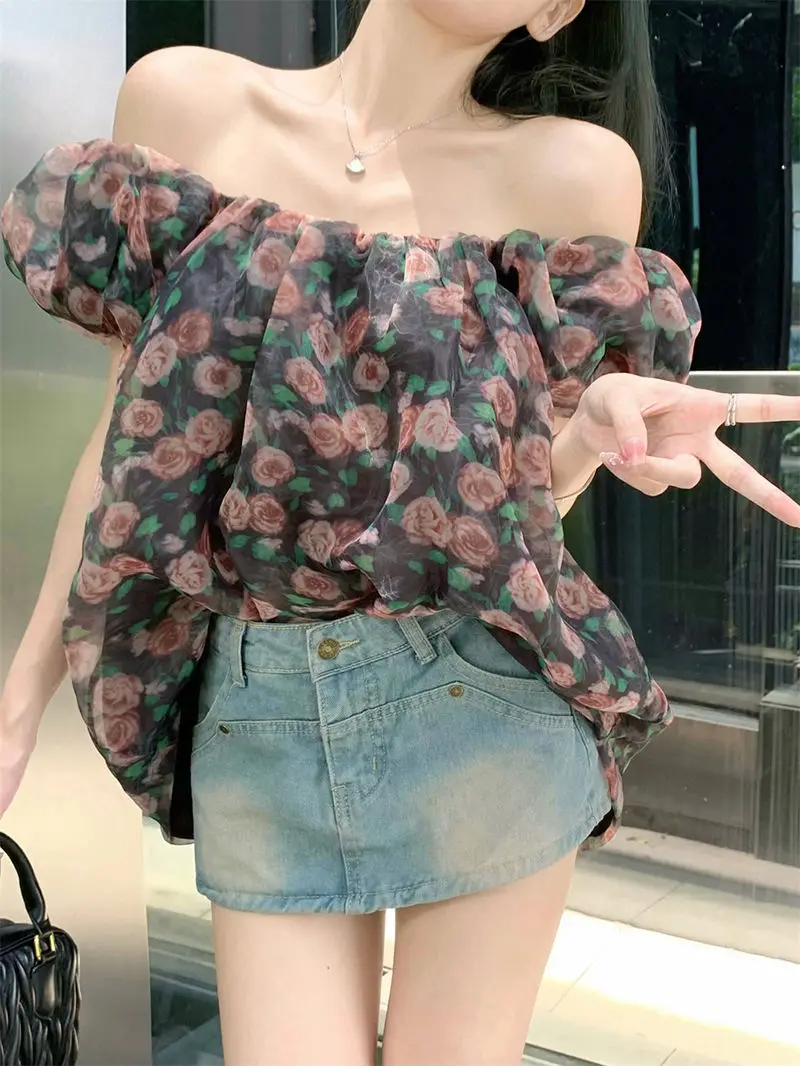 

Korejpaa Camisas De Mujer Off Shoulder Chiffon Floral Printed Short Sleeved Shirt Summer 2025 New French Retro Puff Sleeve Top