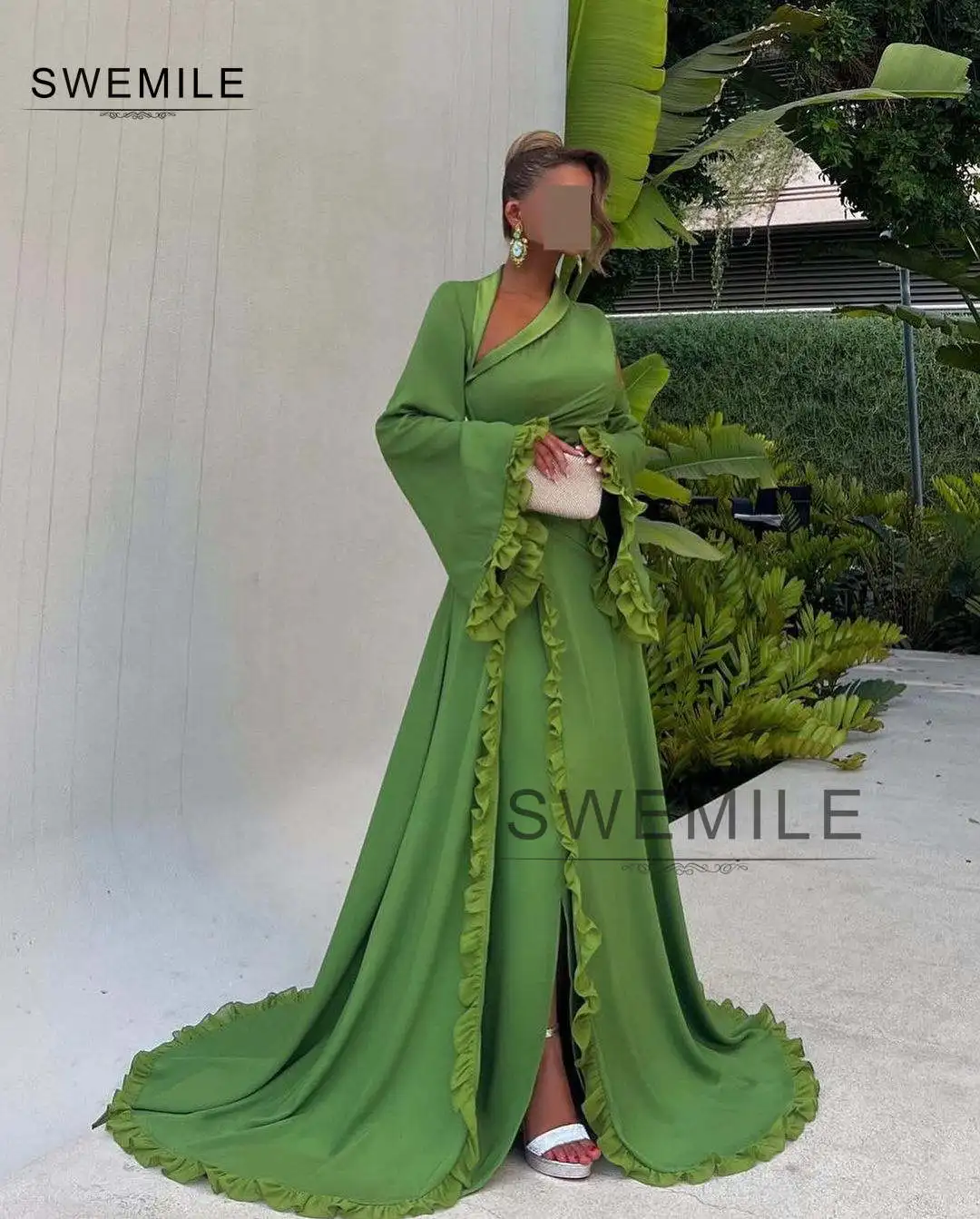 SWEMILE Green A-Line Hollow Out Sweep Train Chiffon Zipper Up Long Sleeves Dresses For Prom Evening Party Dress Vestidos De Fies