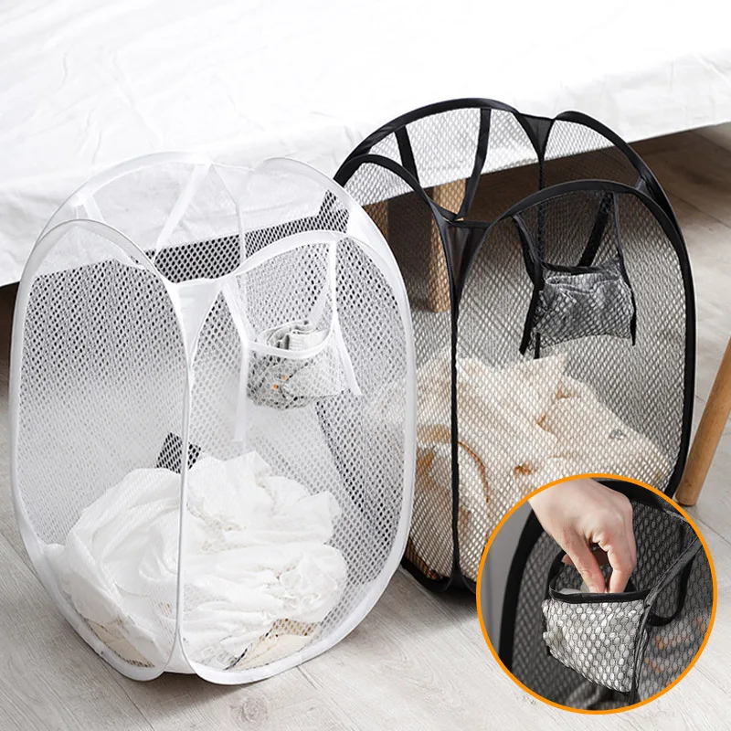 Collapsible Pop-up Mesh Laundry Basket Portable Clothes Hamper  Ventilated Foldable Easy Storage Bathroom Clothes Organizer Bag
