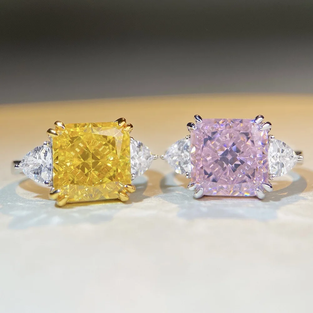 

Настоящее серебро 925 пробы, изысканное сверкающее изумрудное огранки, розовое, желтое кольцо с цирконием для женщин, свадебные роскошные ювелирные украшения Anillos