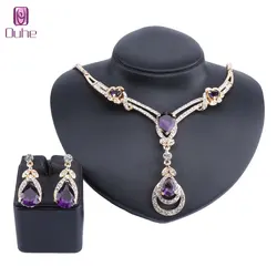 Women Cubic Zirconia Gold Color Austrian Crystal Water Drop Necklace Earring Jewelry Set Fit with Wedding Dress