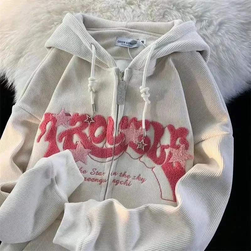 Women Letter Printed Hoodies Autumn Vintage Zip Up Loose Hooded Sweatshirts Harajuku Y2K Long Sleeve Jacket Clothes
