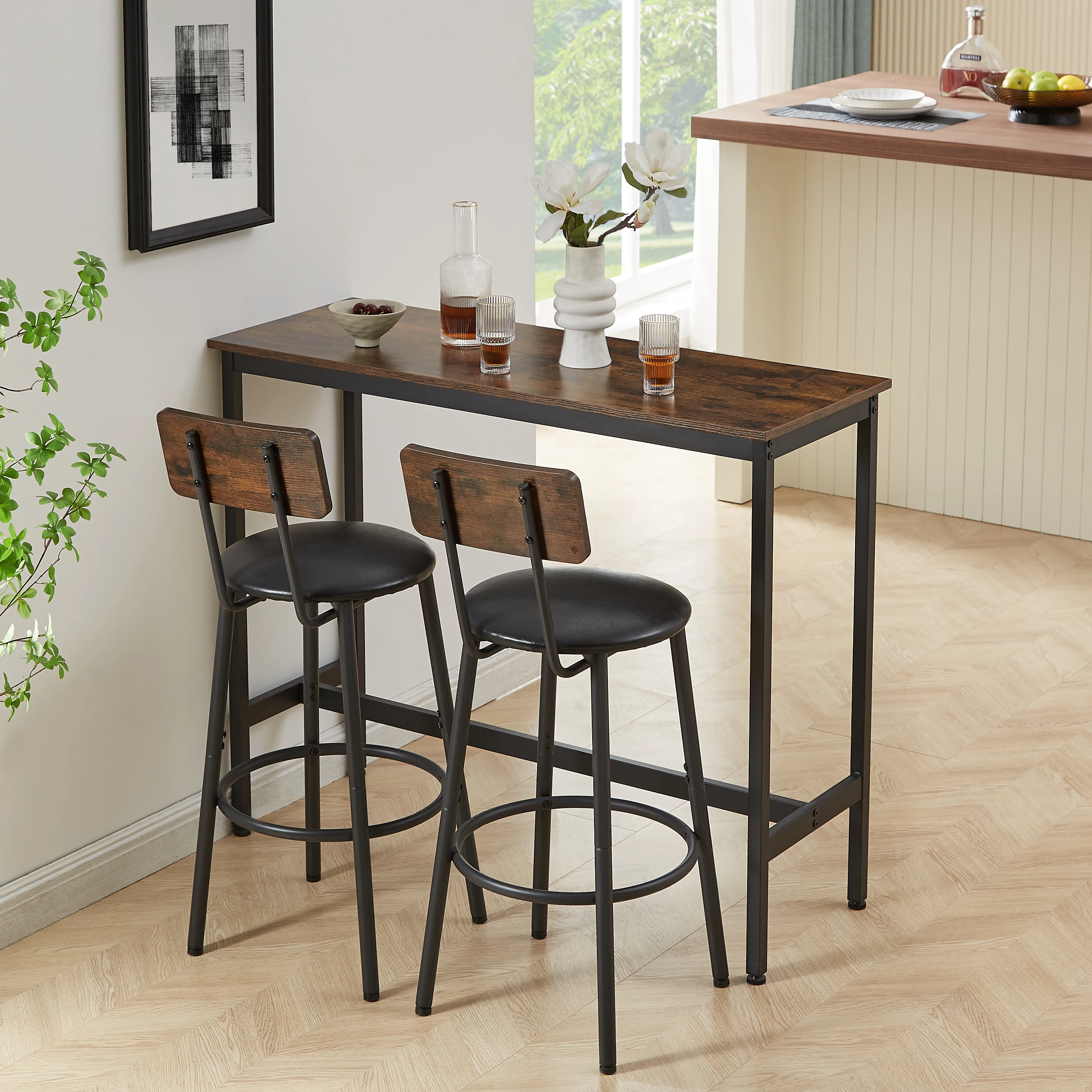 Bar Table Set With 2 Bar Stools PU Soft Seat With Backrest Rustic Brown 43.31'' L X 15.75'' W X 35.43'' H