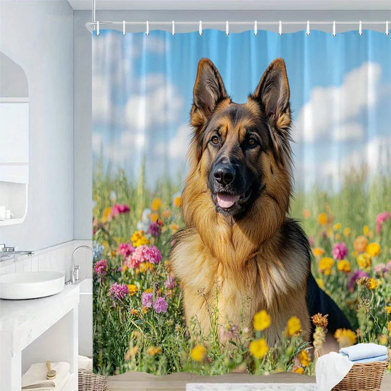 Large Decorative German Shepherd Dog Wildflower Meadow Shower Curtain Bathroom Liner Waterproof Photo Art Print Pet Nature Decor