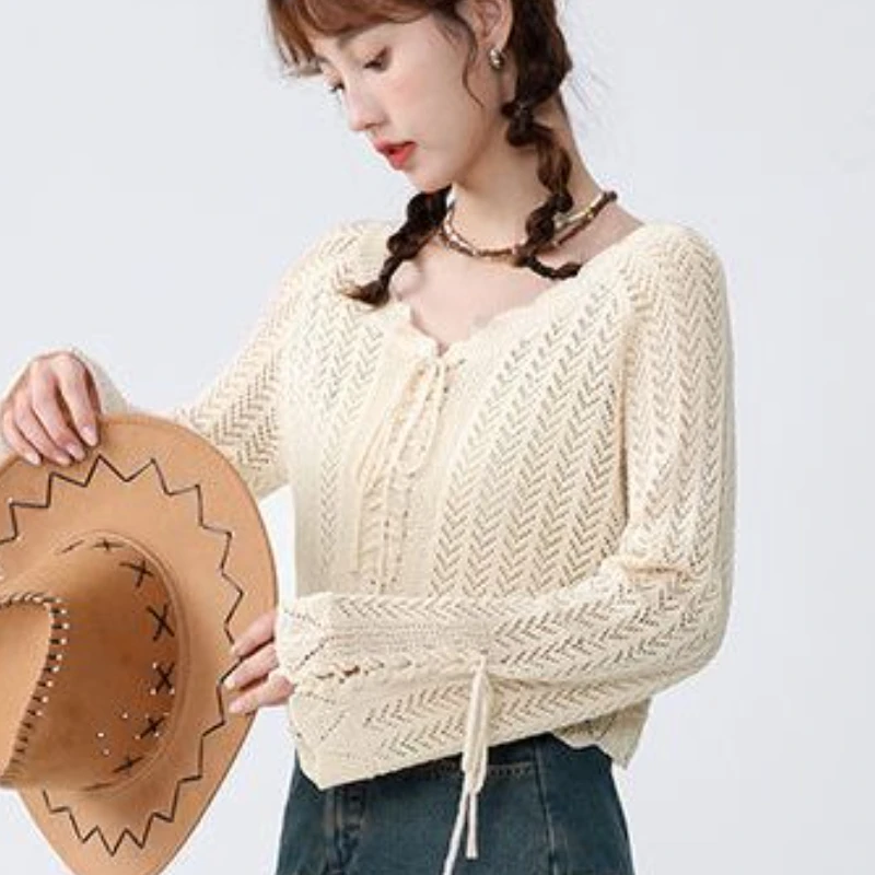 Pullovers Women Vintage Lazy Style Lace-up Design Female New Sweet V-neck Spring Korean Version Popular Casual Harajuku Gentle