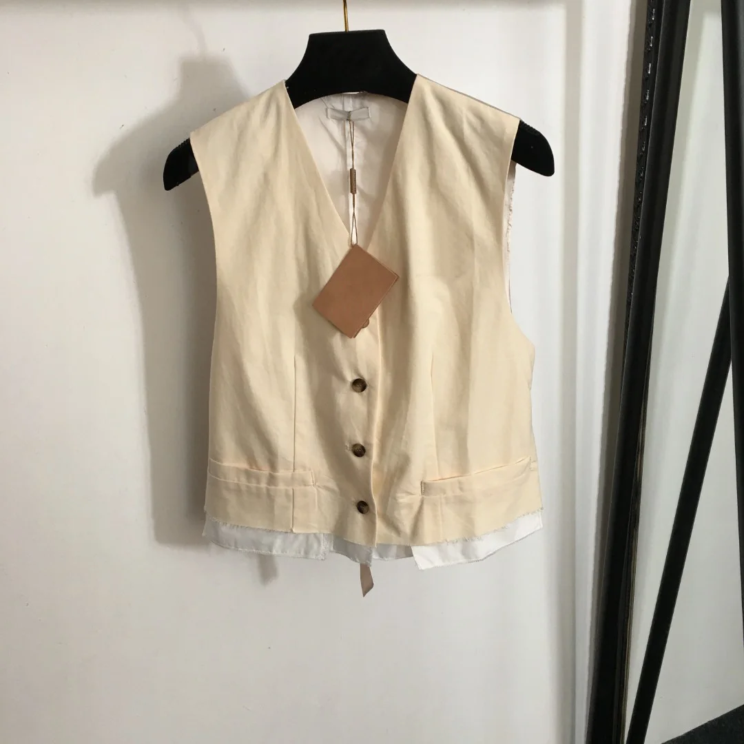 

Embroider Letter Patch Contrast Color Stitching V-Neck Cotton and Linen Vest Single-Breast Back Waistcoat Fake Two-Piece Jacket