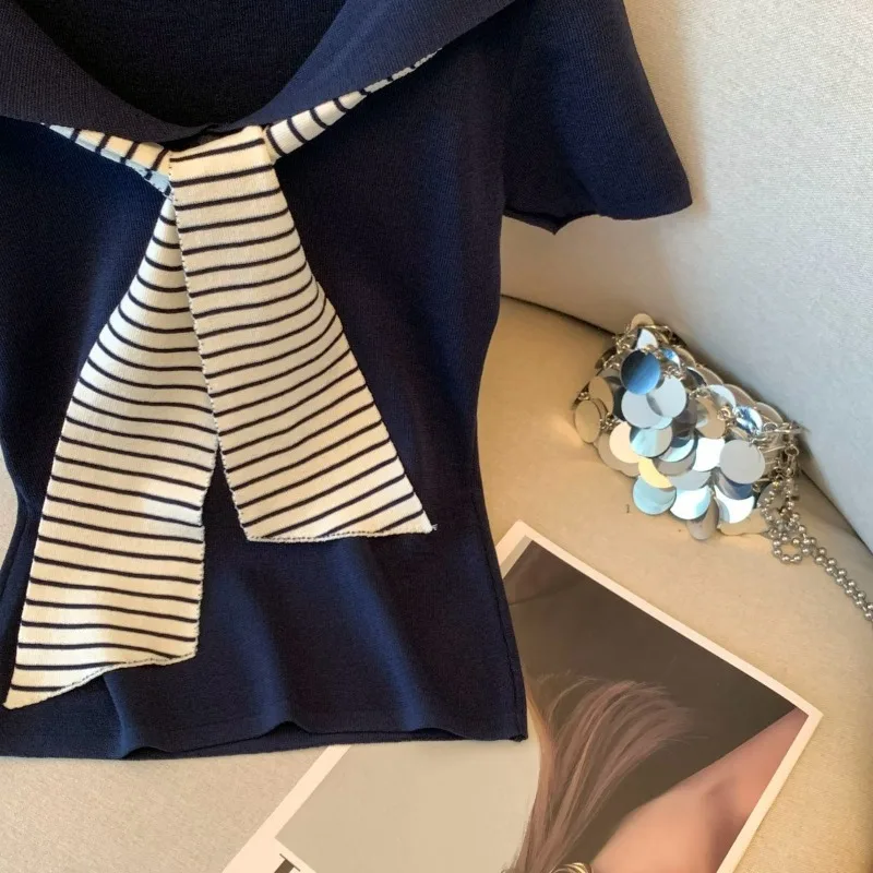 ストライプ柄ストリーマー半袖ニットセーター レディース 2025年夏新作 スリムフィット 無地 フェイクツーピース プルオーバートップス