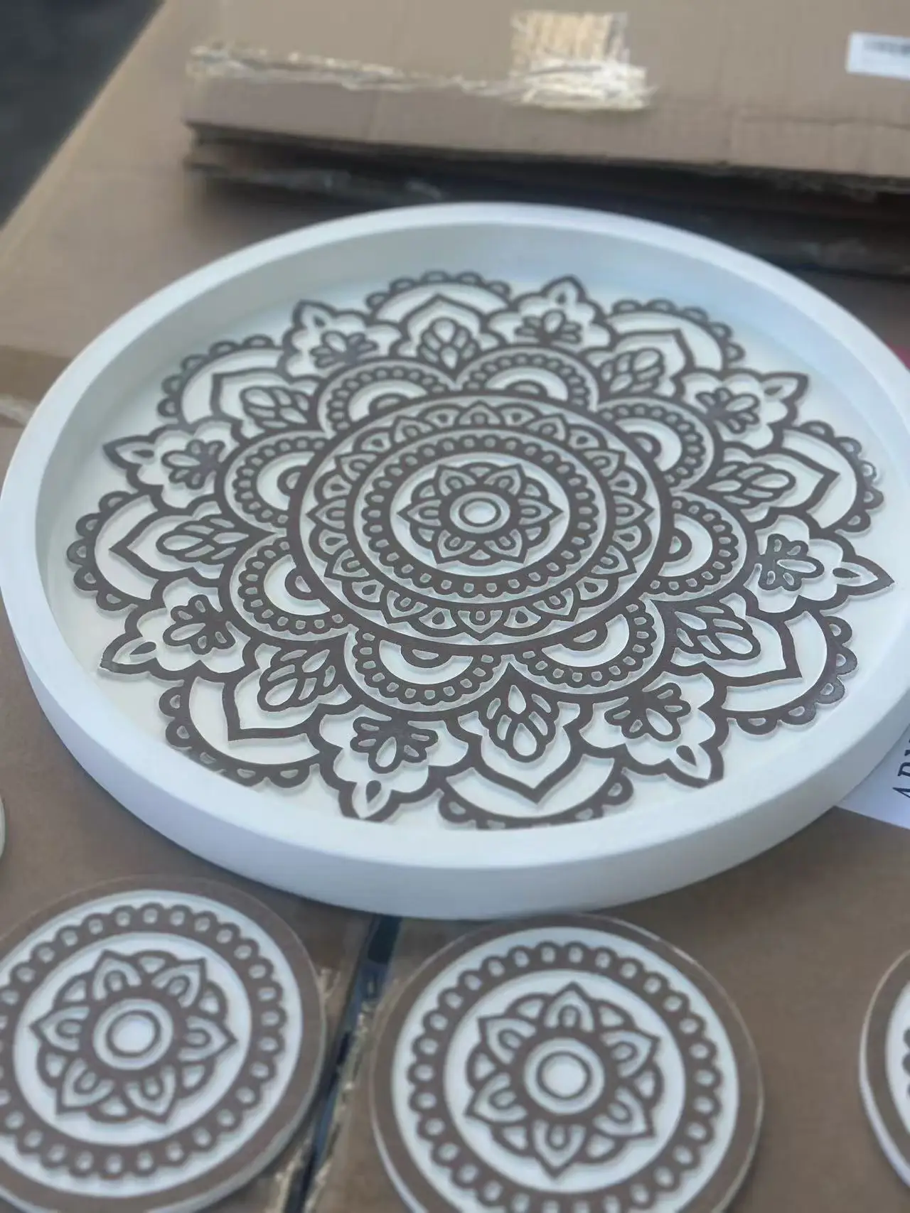 

French Vintage Carved Mandala Serving Tray Set with 4 Coasters, MDF Wood, Round Decorative Tea Tray, 30cm and 9cm, 5 Piece Set