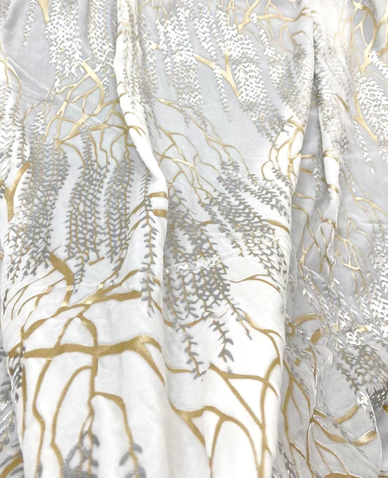 White Floral Gold stamping 40mm Real Silk Velvet Fabric High Quality Garment Materials Women Suits Dress DIY Sewing Cloth Tailor