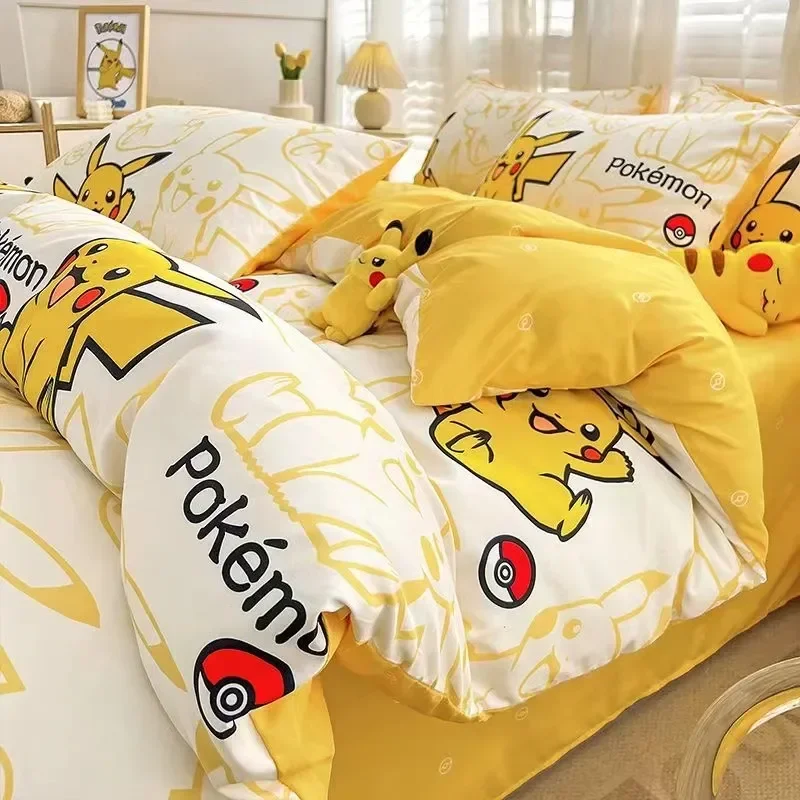 Pokemon Pikachu Bedding Set 3/4pcs Cartoon Anime Cute Polyester Bed Sheet Set Quilt Bedspread Set Boy Kids Room Accessories Gift