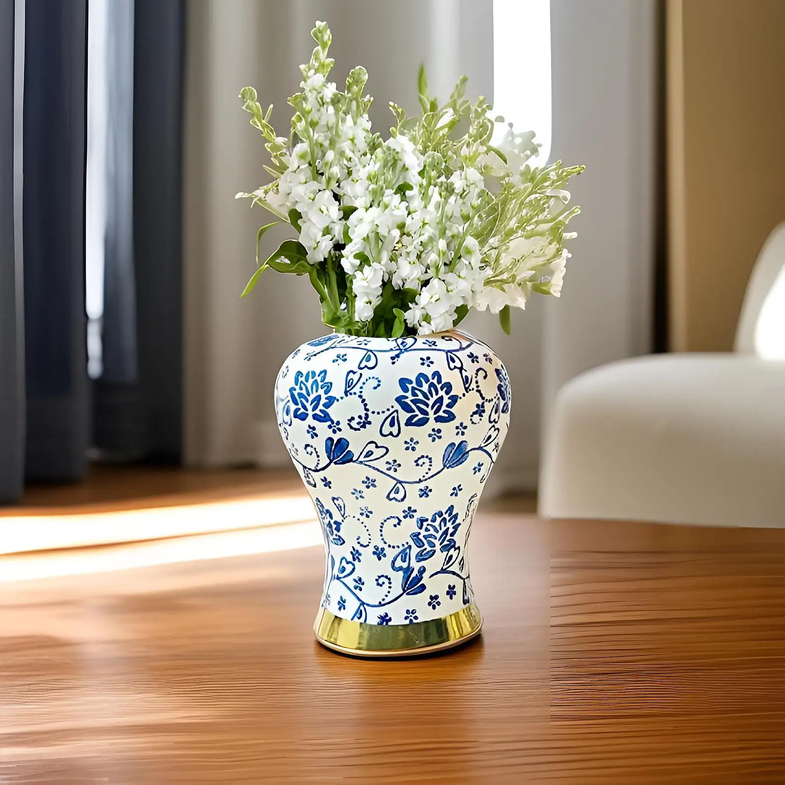 

Blue and White Porcelain Ginger Jar Ceramic Flower Vase Handicraft with Lid Tabletop Ornament Storage Jar for Entrance Office