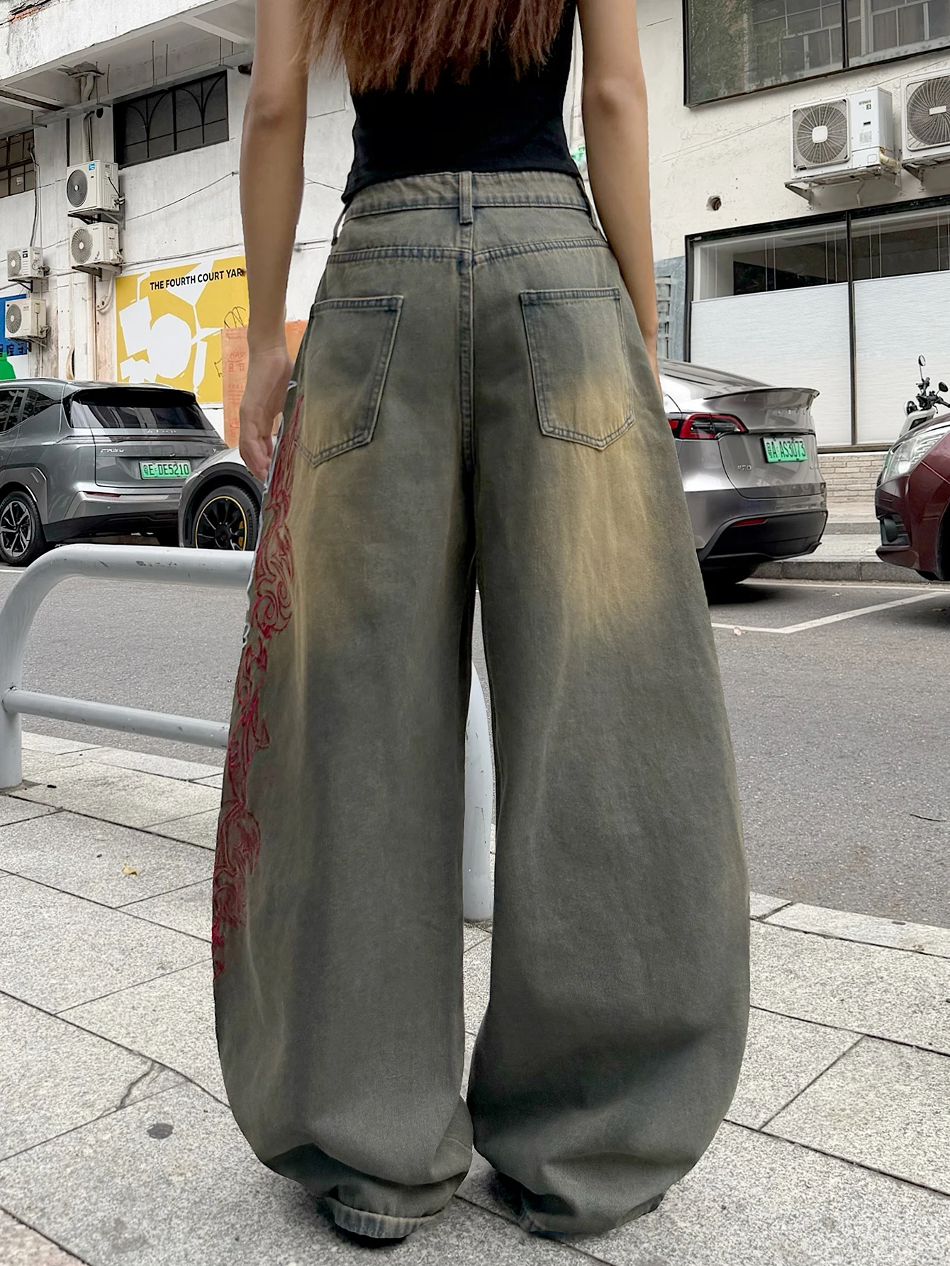 American High Street High Waisted Wide Leg Mop Y2K Jeans Retro Washed Side Contrasting Totem Embroidery Daily Street Loose Drape