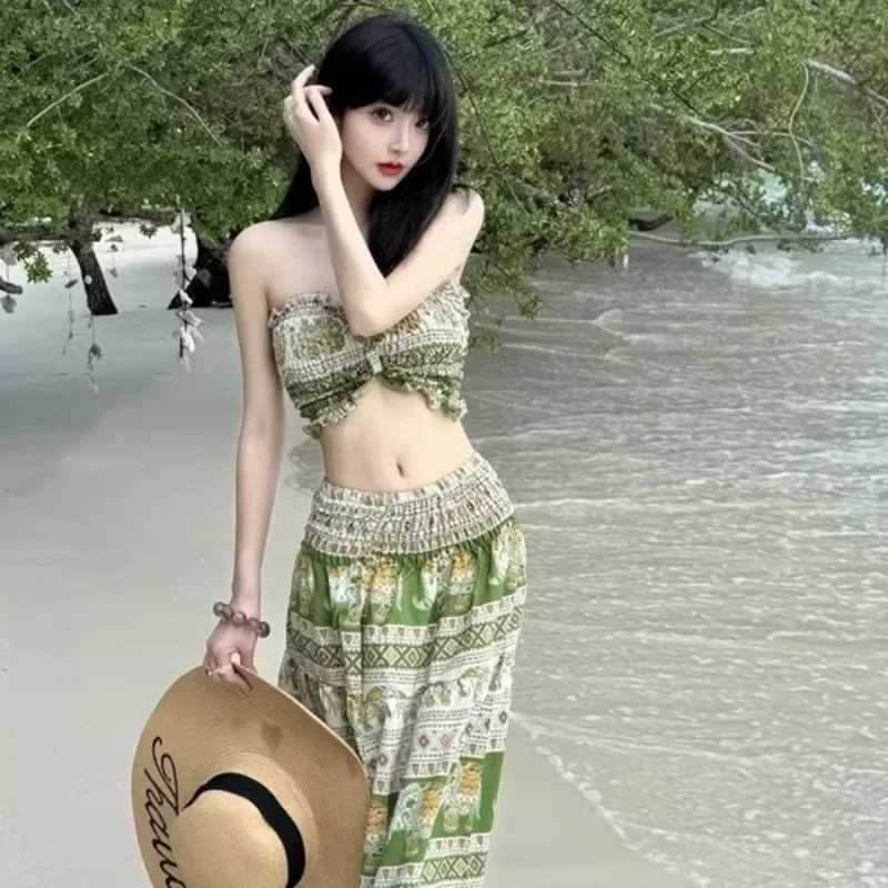 Beach Swimsuit Set Handmade Print Wrap Skirt Crochet Top Strapless Swimsuit Thailand Vacation Summer Resort Wear
