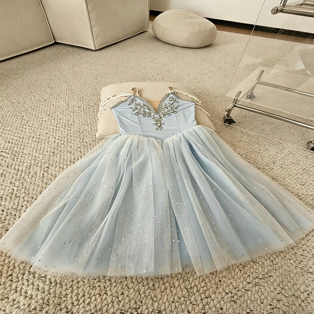 

Светло-голубое балетное платье с жемчужными бретелями для девочек, блестящая тюлевая юбка, детский костюм для выступлений на сцене, костюм для балерины, танцевальный костюм для соревнований