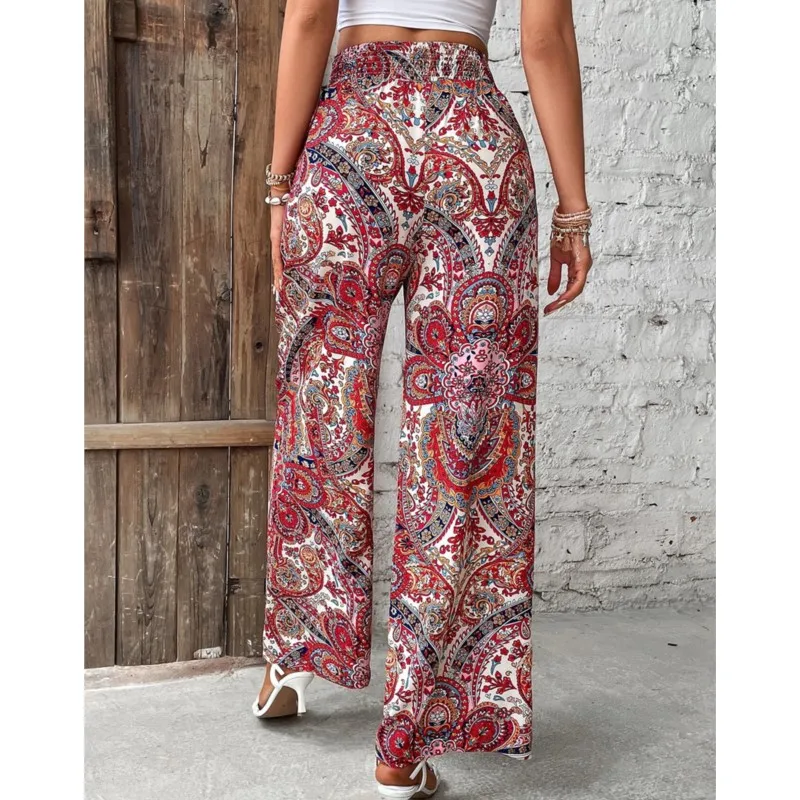 Women\'s Pants 2024 Summer New Fashion Versatile Printed Elastic Waist Wide Leg Pants Retro Ethnic Style Elastic Waist Trousers