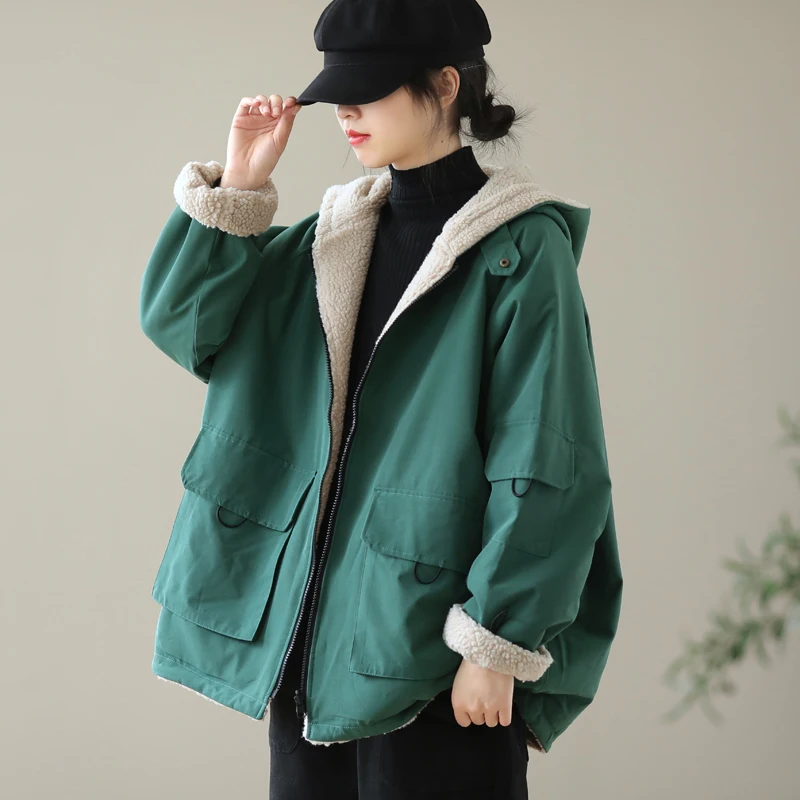 Autumn Winter New Style Cotton-Padded Jacket Korean Version Women Loose Leisure Hooded Pocket Fashion Versatile Coat