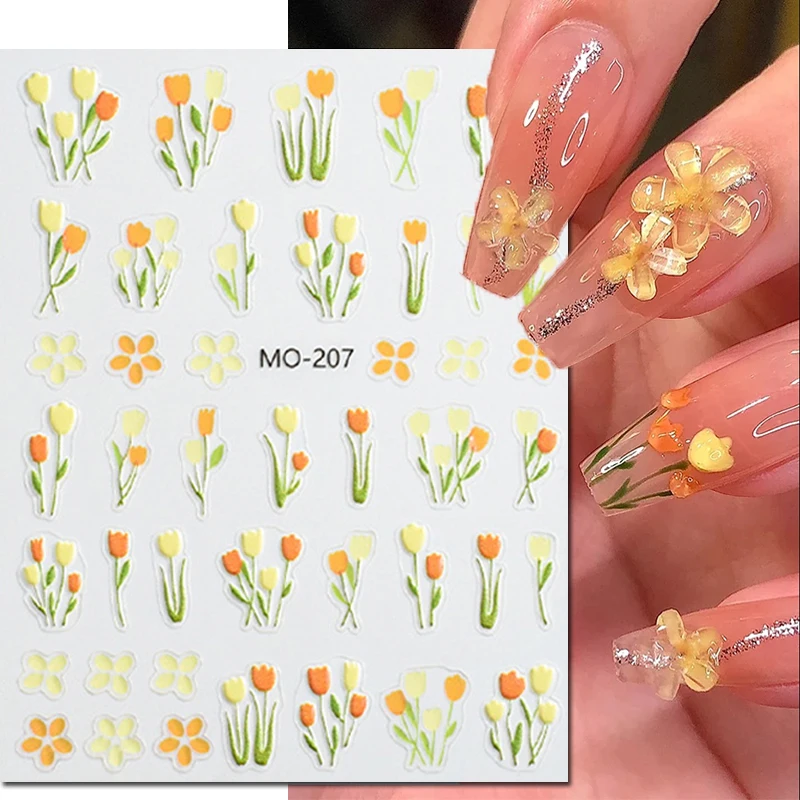 5D Embossed Nail Art Decals White Blue Flowers Leaves Adhesive Sliders Nail Stickers Decorations For Manicures