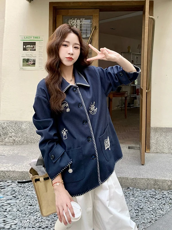 

k Blue Heavy Embroidery ort Jaet Women's Casual Loose Fit Long Sve Slimming Top for Early Spring And Autumn