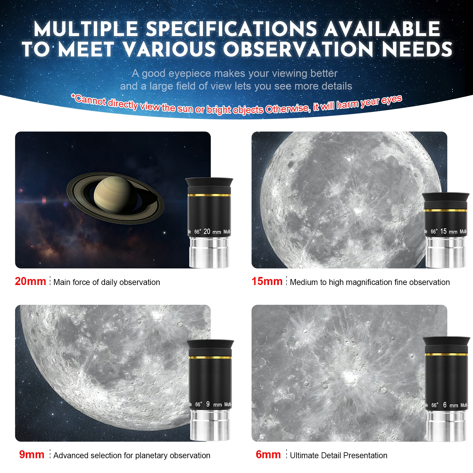 66 Degree Ultra Wide Angle Multi Sizes 6/9/15/20mm Telescope Eyepiece 1.25 inch FMC Fully Multi-Coated Lens