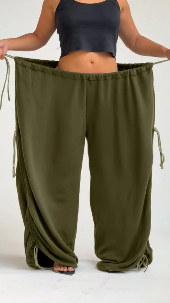 Damen Y2K Baggy Weite Hose mit Elastischem Bund und Verstellbarem Kordelzug, Lässige Lose Bodenlange Hose, Streetwear, Übergröße – Detail 11