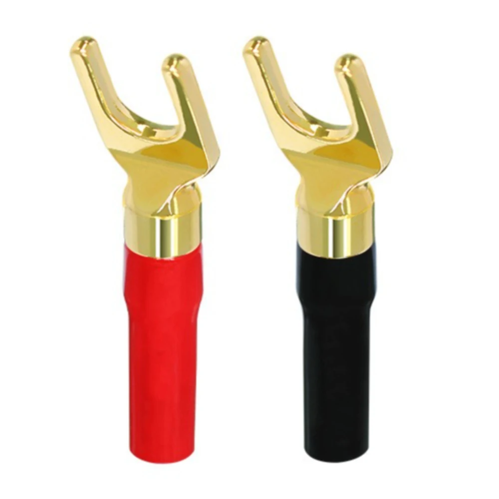 4PCS Copper Plated U-shaped Speaker Wire Banana Plug Audio Banana Plug Audio U-shaped Terminal Plug Soft Rubber Red and Black