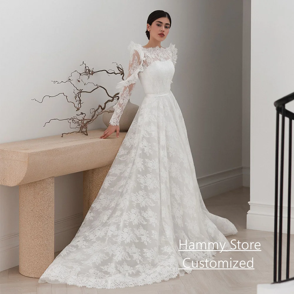 فستان زفاف دانتيل رائع فساتين العروس العربية مخصصة بأكمام طويلة ذيل محكمة رداء De Mariage فساتين الزفاف