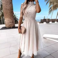 In-Stock Summer Newbie Ebay Chic Lacelace Spliced Mesh Sleeveless Medium-Length Dress Trendy Cross-Border Style