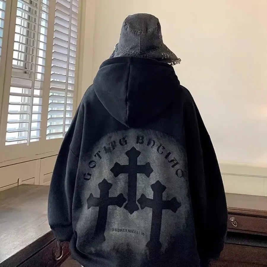 【M-8XL 】سترة بقلنسوة أمريكية ريترو هاي ستريت للرجال عصرية وعصرية فضفاضة وكبيرة الحجم للرجال