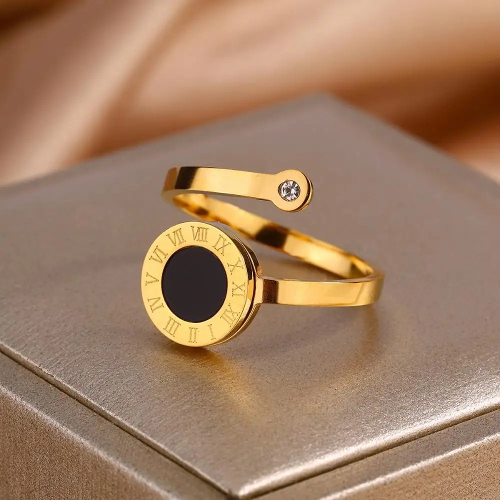 RAKOL High Quality Roman Numeral Black Shell Open Rings For Women 18k Gold Plating Titanium Steel Tail Ring Not Fading Jewelry image 2