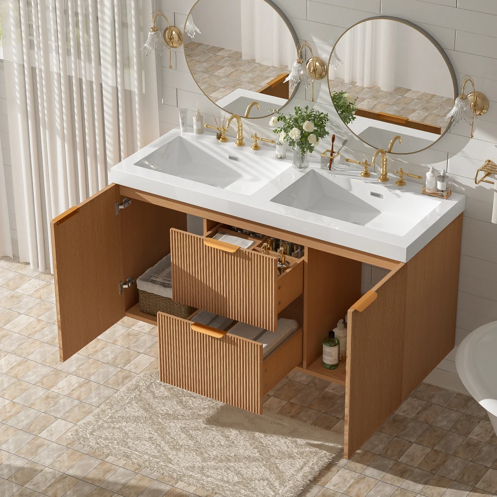 

[Video]47.24" Double Sink Bathroom Vanity: SMC Top, MDF Cabinet, Soft Close, Divided Drawers, Wall-Mounted Modern Storage Vanity