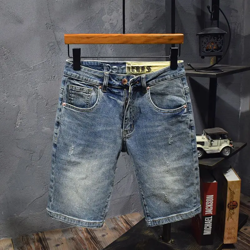 

Blue Old Retro Summer Men's Denim Medium Pants Embroidered Scratches Washed Versatile Elastic Shorts Cargo Half Pants Jeans