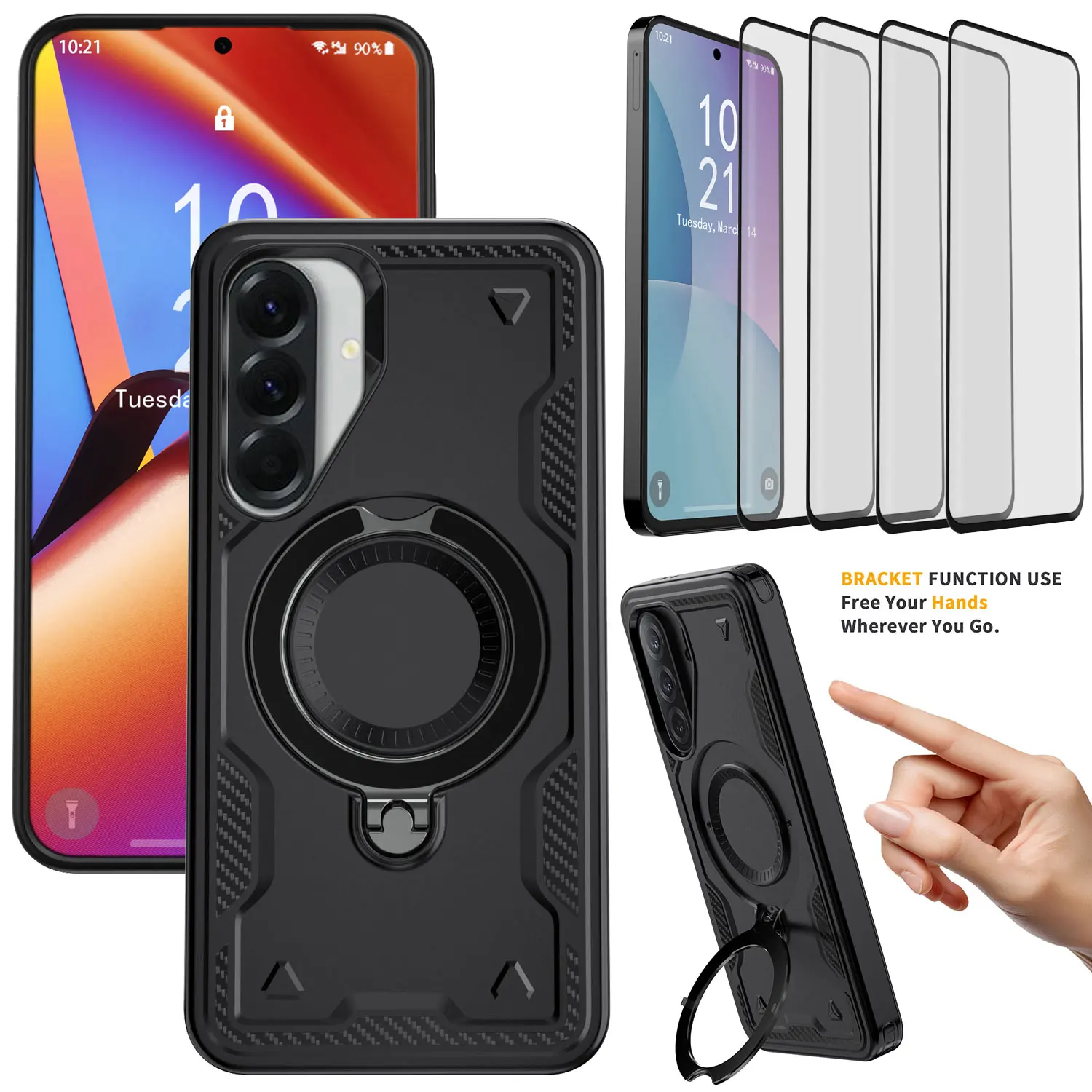 

Противоударный сверхпрочный чехол с кольцевой подставкой и держателем + 4 шт. прозрачные защитные пленки из закаленного стекла для Samsung Galaxy A36