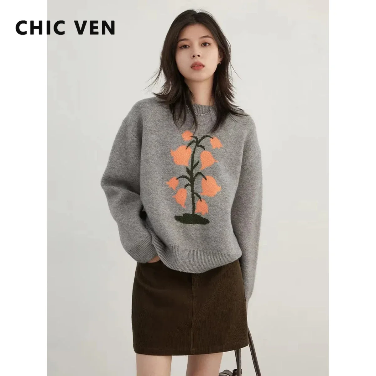 

CHIC VEN Women Sweaters Casual Loose O-Neck Flower Pattern Jumper Pullover Fashion Female Knitted Tops Autumn Winter New 2024