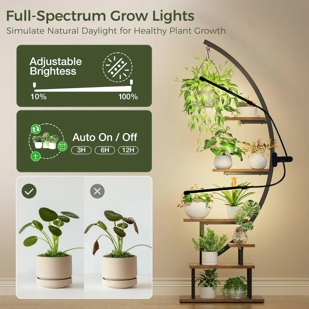 حامل نباتات معدني مكون من 7 طبقات مع ضوء للنمو، رف نصف قمر للنباتات الداخلية في غرفة المعيشة والشرفة والفناء - أسود (عبوة من قطعتين) #4