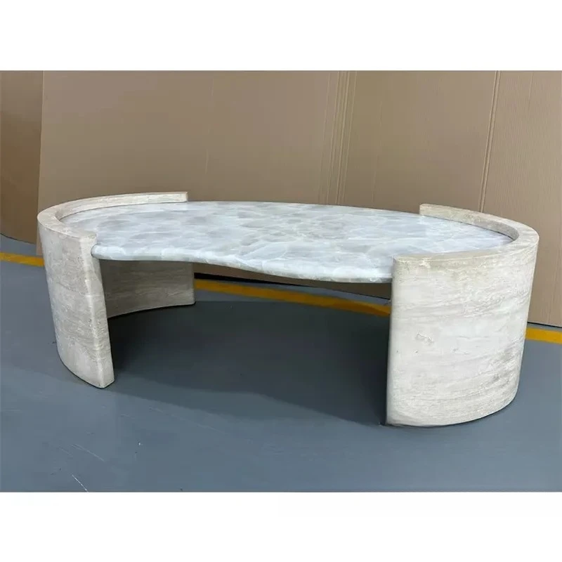 Natural Travertine Curved Marble Coffee Table Waterproof Indoor Outdoor Terrace Hotel Lobby Best Selling
