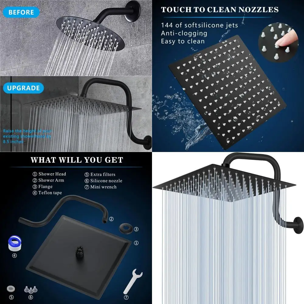 12 cabezales de ducha cuadrados grandes totalmente metálicos con 13 brazos de cuello de cisne, diseño de cascada de alto flujo en negro