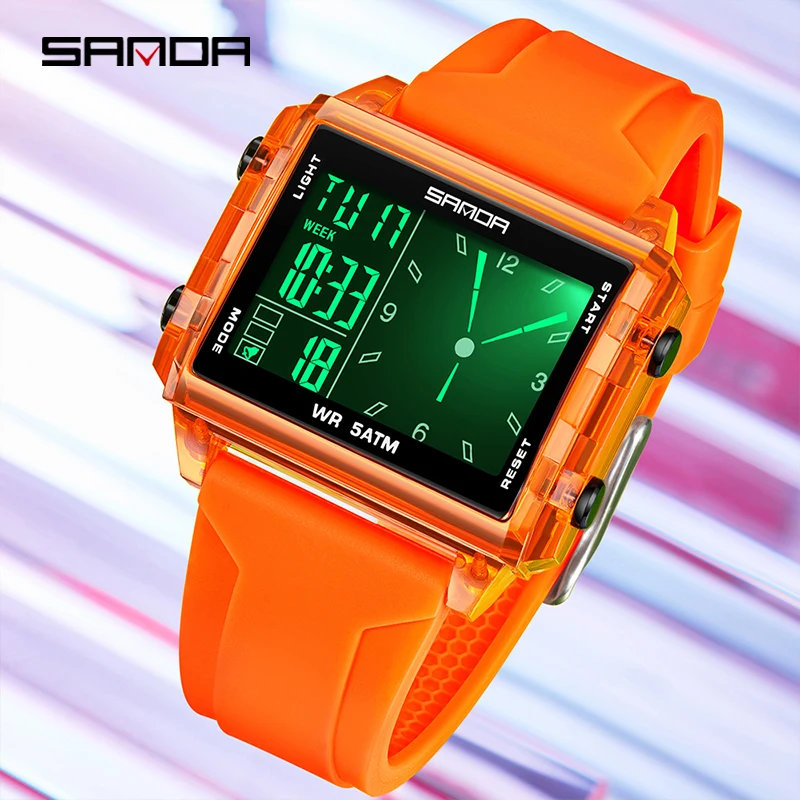 SANDA 6273 남성용 전자 시계 스퀘어 투명 케이스 알람 시계 다기능 방수 스포츠 학생 디지털 시계