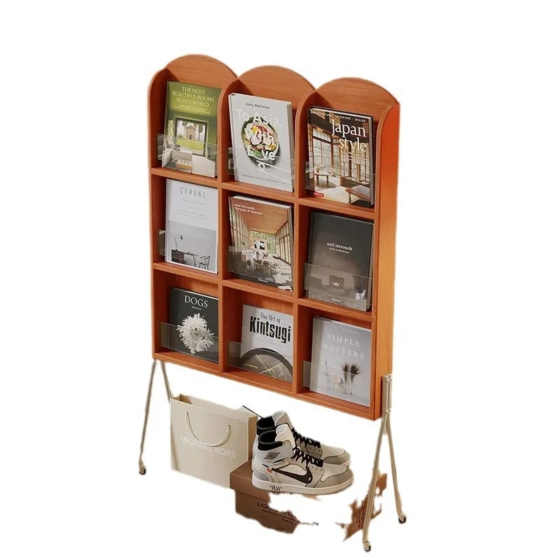 Children's picture book rack, solid wood display rack, wrought iron magazine rack ins wind, mobile bookshelf, newspaper rack