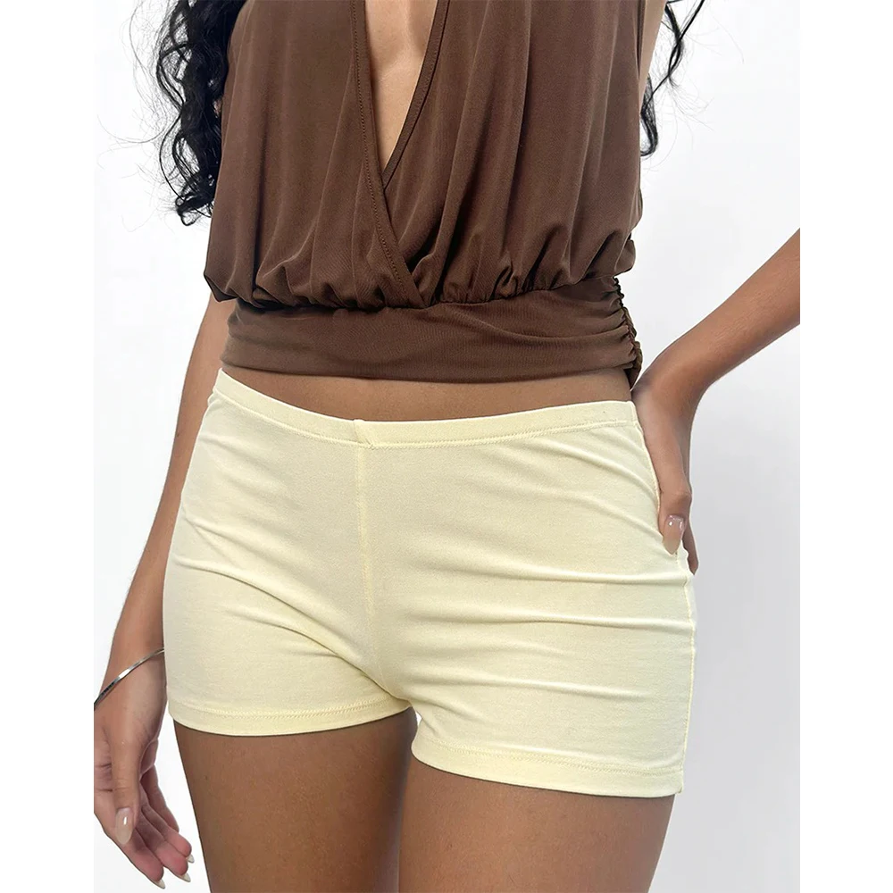 กางเกงขาสั้นสไตล์วินเทจ Y2K สำหรับผู้หญิง น่ารัก เอวต่ำ ยางยืด สีพื้น ใส่สบาย เหมาะสำหรับใส่เที่ยวเล่น แฟชั่นสตรีทแวร์