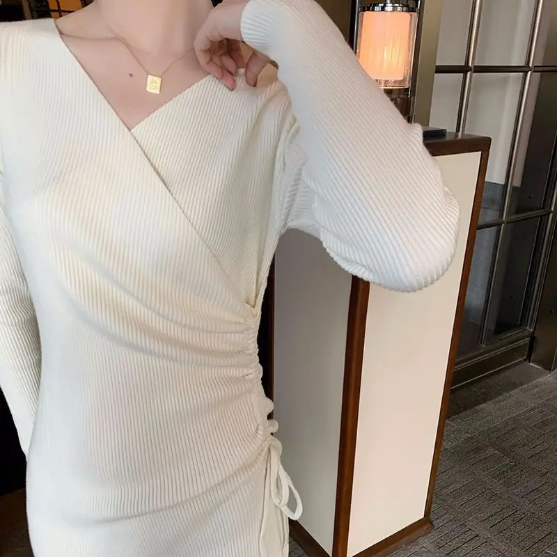 Women Fall Winter French Elegant Knit Sweater Dress V Neck Drawstring Slim Fit Midi Dress Waist Defined Base