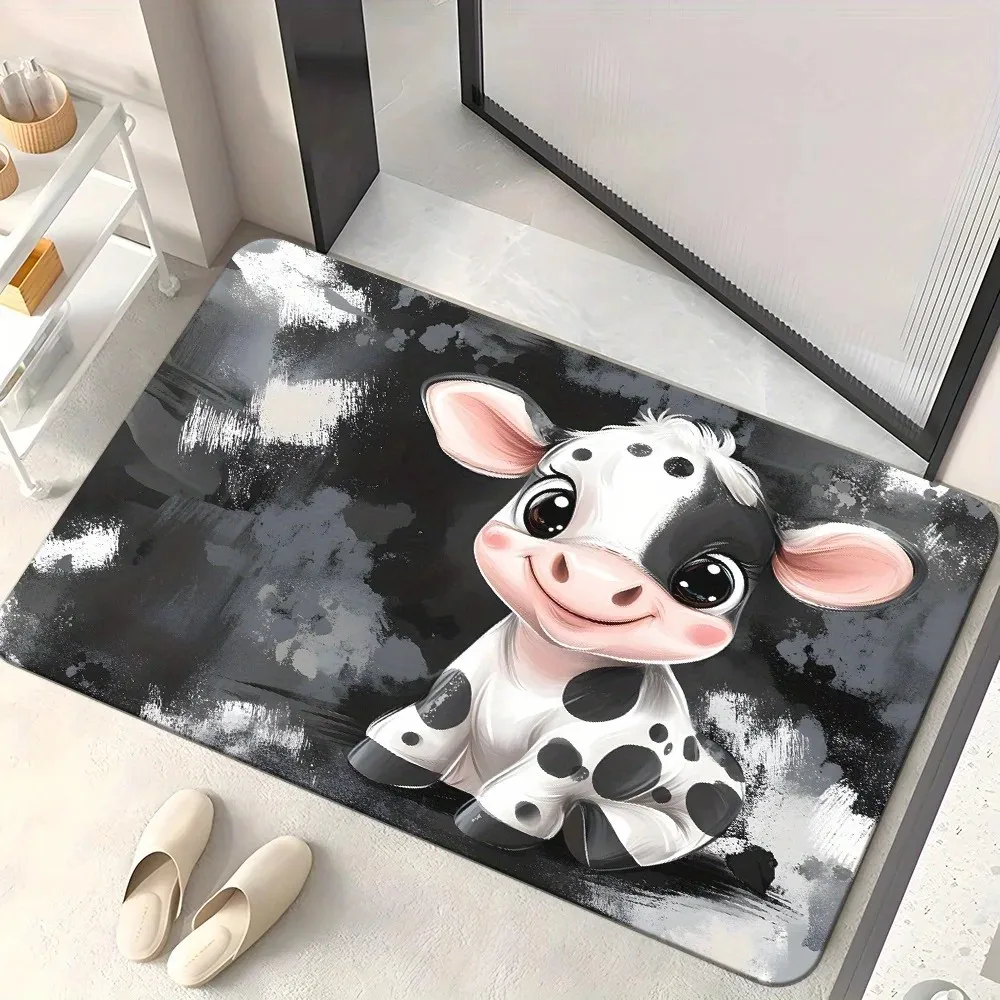 Cute Cartoon Cow Doormat Flannel Non-Slip Absorbent Microfiber Rug for Home Entrance