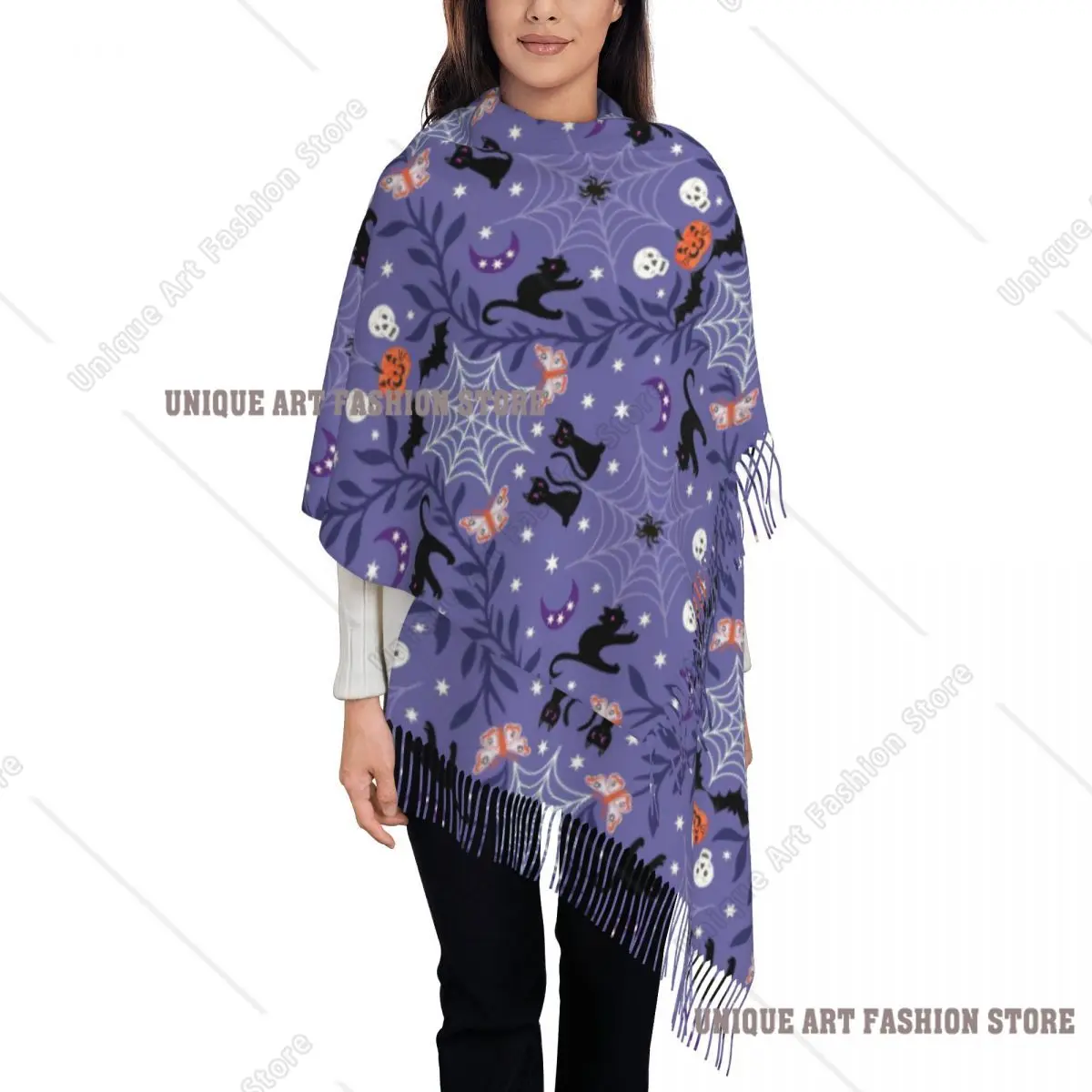 Bufanda de araña de gato negro con estampado personalizado para Halloween, bufandas cálidas de invierno para hombres y mujeres, chal gótico de bruja