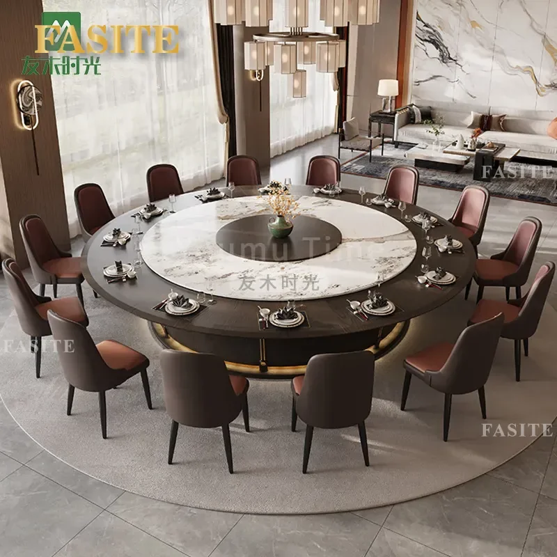 For 20 Person Large Round Electric Dining Table with Turntable High End Rock Slab Restaurant Club Banquet Furniture