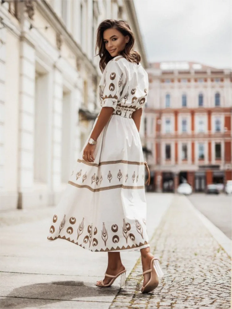 Spring Autumn Women\'s New Short Sleeve Fashion Positioning Flower Linen Lace Belt Mid Length Shirt Ankle Casual Dress