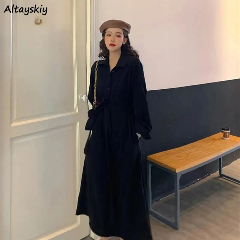 Midi Long Sleeve Dress for Women Tender Solid Sashes Autumn Clothing Aesthetic Stylish New Vestidos Korean Style Mujer Ropa Chic