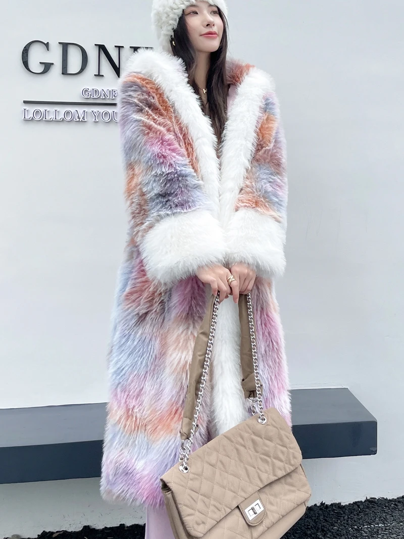 Woman Loose Dream Pink Long Faux Fur Coat 2023 Winter New Streetwear Women\'s Chinese Ancient Style Hooded Color Furry Jackets