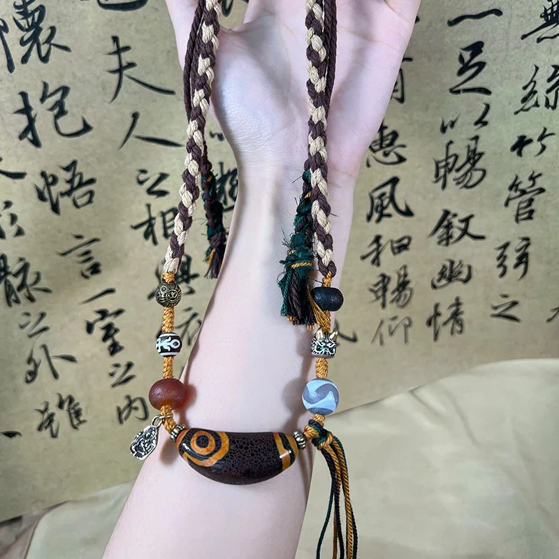 Tibetan-Style Necklace Featuring Two-Eye Cow Horn Fire Offerings, Paired With Antique Agate Dzi Beads And Copper Accents, Hand-