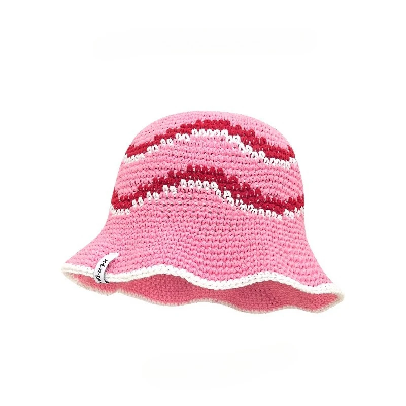 

Niche Japanese Contrasting Striped Knitted Bucket Hat Women's Spring and Autumn Versatile Fashion Sunshade Big Brim Basin Cap